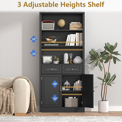 72'' Tall Bookcase with Doors and Drawers, Adjustable Shelves, P2 MDF Construction, 32'' Wide Freestanding Cabinet with Metal Handles, Hidden Storage for Living Room, Bedroom, Black