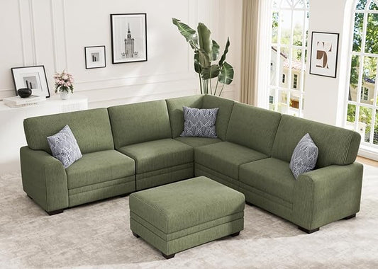 Wanderwell Oversized Modular Sectional Sofa, 6-Seater U Shaped Couches with Movable Ottoman,Corduroy Sectional Couch with Wide and Deep Seats Suitable for Living Room,Bedroom,Apartment (Olive, L-6)