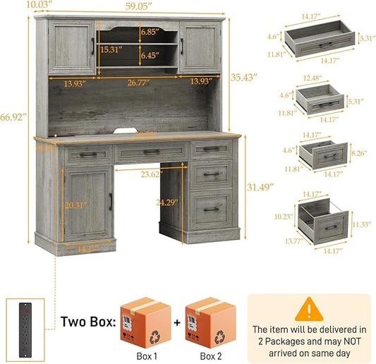 67" H Farmhouse Executive Desk with Hutch. Wood Workstation with 5 Drawers, Storage Cabinet, File Drawers and Charging Station, Ideal as Office Desks, Computer Desk for Home Office and Study.Gray