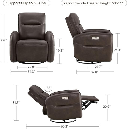 CHITA Power Recliner Chair, Faux Leather Swivel Glider for Adults, Electric Nursery Rocking Chair with USB & Type-C Charging for Living Room, Bedroom, Chocolate Brown