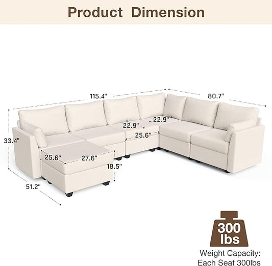 Modular Sectional Sofa Couches, Large Convertible Modular Couches with Storage, 7-Seater Sectional Sofa for Living Room, U Shaped Sectional Couch Sleeper Sofa with Chaise (Beige, 7 Seats)