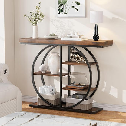 41.3" Console Table for Entryway, Industrial Hallway Sofa Table with Storage Shelves, Narrow Accent Decor Living Room Furniture with Circle Base for Foyer, Entrance, Rustic Brown