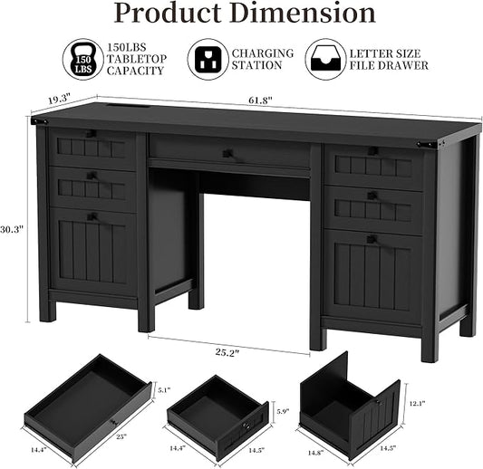 Executive Desk, Modern Farmhouse Computer Desk with Drawers & Cabinet, Home Office Desk for Work Study Writing Workspace (Black, 62")
