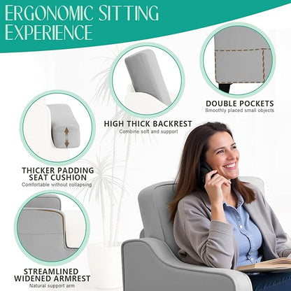 Modern Accent Chair for Bedroom Upholstered Reading Chair w/Side Pockets Comfy Living Room Chairs Living Room Armchair for Office Apartment (Grey)