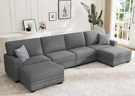 Wanderwell Oversized Modular Sectional Sofa, 6-Seater U Shaped Couches with Movable Ottoman,Corduroy Sectional Couch with Wide and Deep Seats Suitable for Living Room,Bedroom,Apartment (Grey, U-6)