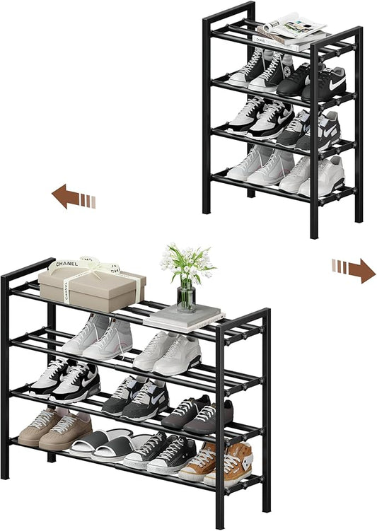 4-Tier Expandable Shoe Rack, Adjustable Shoe Shelf Storage Organizer Heavy Duty Metal Free Standing Shoe Rack for Entryway Closet Doorway (Black)