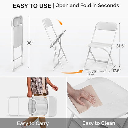 VINGLI 4 Pack White Plastic Folding Chair, Indoor Outdoor Portable Stackable Commercial Seat with Steel Frame 350lb. Capacity for Events Office Wedding Party Picnic Kitchen Dining
