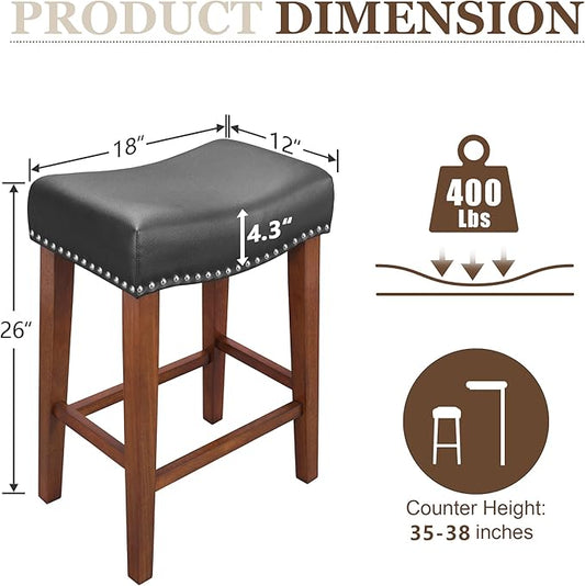 PrimeZone Counter Height Bar Stools Set of 2 - Backless Saddle Barstools with 4.3" Thick Upholstered, Nailhead Trim Faux Leather & Solid Wood Legs, 26 Inch Counter Stools for Kitchen Island, Black