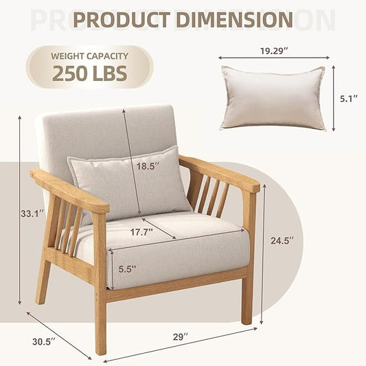 Mid-Century Modern Accent Chair, Linen Armchair and Lounge Chair with Lumbar Pillow, Wide Seat & Solid Wood Frame for Living Room, Bedroom or Balcony（Beige）