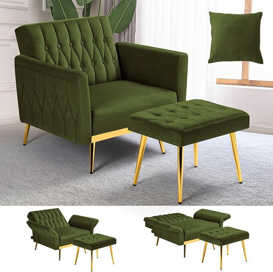 Velvet Accent Chair w/Adjustable Armrests and Backrest, Button Tufted Lounge Chair, Single Recliner Armchair with Ottoman and a Pillow for Living Room, Bedroom,Olive Green