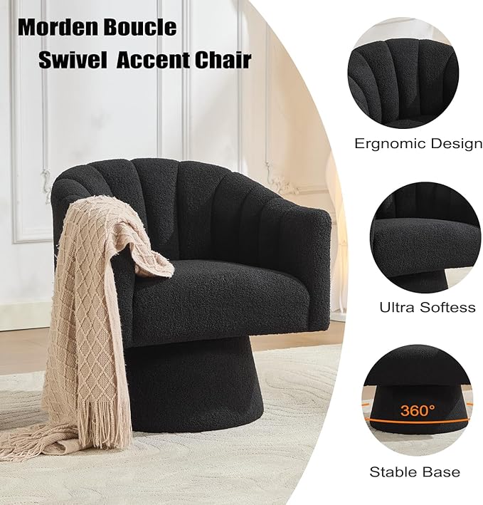 Swivel Accent Chair Set of 2, Upholstered Teddy 360° Swivel Barrel Chair for Living Room Overstuffed Bouncle Reading Chair Round Armchair for Bedroom,Vanity,Office-Black