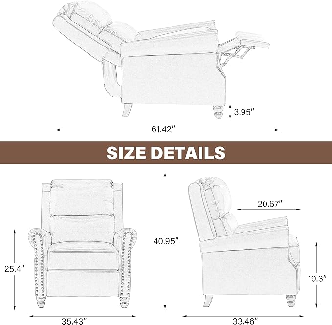 UIXE Pushback Recliner Chair, Fabric Armchair Push Back Accent Chair, Rivet Trim Club Chair Home Theater Overstuffed Single Sofa Reading Seat for Living Room, Pattern