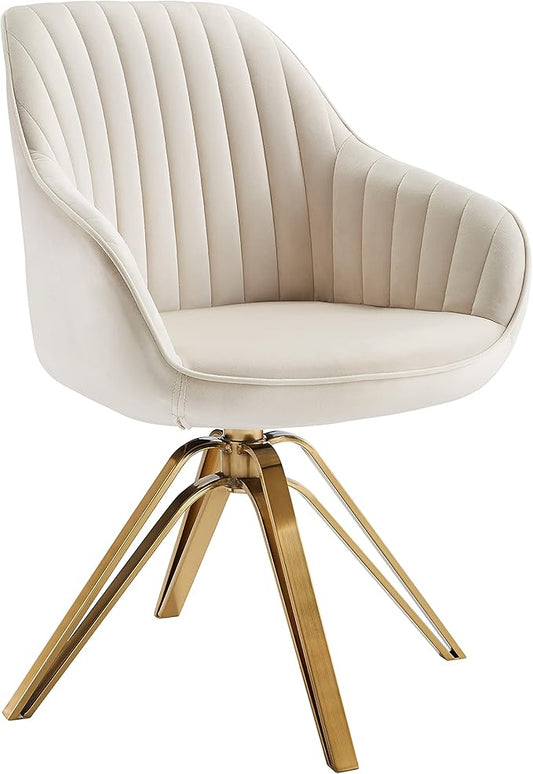 Zouron Mid Century Modern Swivel Accent Chair with Gold Metal Legs, Upholstered Swivel Chair No Wheels, Side Accent Arm Chair Vanity Chair for Small Space Home Office Living Room Bedroom, Off White
