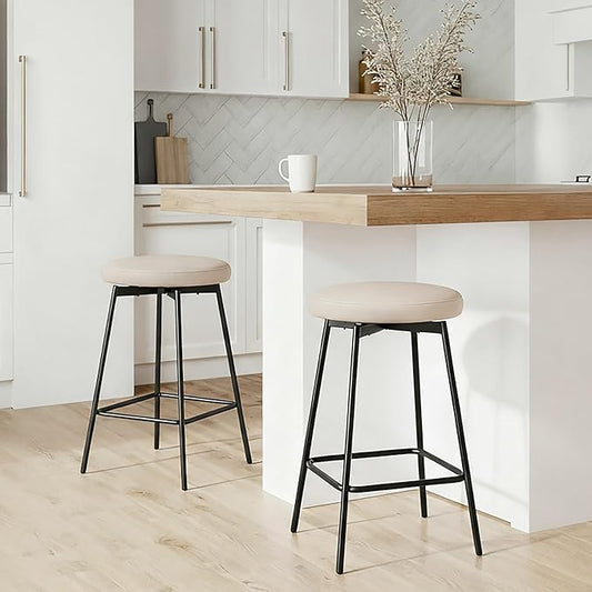 Swivel Bar Stools Set of 3, 24" Counter Height Bar Stool, Backless Barstools with Faux Leather Upholstered Seat&Sturdy Wood Legs for Kitchen Island, Beige