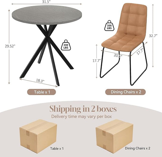 31.5" Round Dining Table Chairs Set for 2, Small Dining Table Chairs Set Space-Saving, Small Dinette Sets for 2 for Kitchen Dining Room Apartment(Gray Table +Brown Chairs)