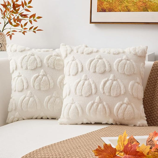 Kevin Textile Fall Pillow Covers 20x20 Inch Set of 2 Soft Pumpkins Decorative Square Pillowcases Plush Autumn Faux Fur Cushions Harvest Gift for Couch Sofa Chair Bedroom Home Decor, Cream White