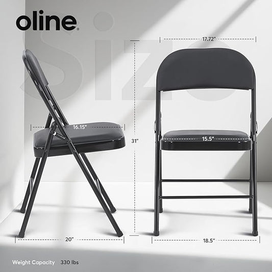 Oline Vinyl Folding Chairs, Padded Vinyl Cushion Chairs with Durable Metal Frame, Indoor Outdoor Stackable Foldable Guest Chairs for Office Wedding Kitchen Dining, 300lb Capacity (Black, 4 Pack)