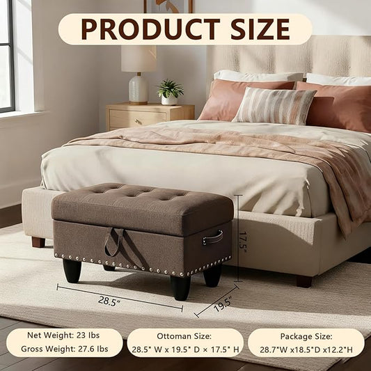 Linen Fabric Storage Ottoman with Nailhead Trim, 28.5"X19.5"X17.5" Footrest Stool, Hidden Storage Foot Stool for Living Room, Bedroom Furniture, Gray-Brown