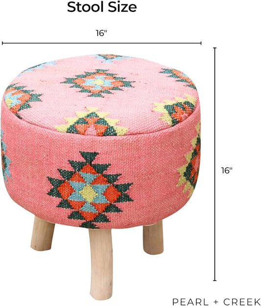 Arabella Pink Kilim Pouf Ottoman – 16" Round Handwoven upholstered Foot Stool with Washable Cover – Accent Knockdown Stool for Bedroom, Living Room, cottagecore, Boho & Farmhouse Decor