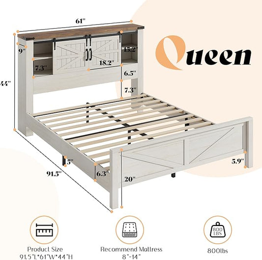 AMERLIFE Farmhouse Queen Bed Frame with Storage Headboard & Charging Station, Rustic Wood Platform Bed with Barn Door Bookcase, No Box Spring Needed, Antique White Bedroom Furniture