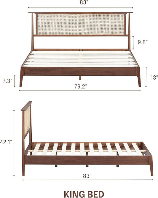 NTC Ruby Wooden Bed Frame with Headboard and Natural Rattan, Solid Oak/Rubber Wood Foundation with Silent Slats, 1000 Lb Capacity, Effortless Assembly (Natural Cane - Dark Walnut, King)