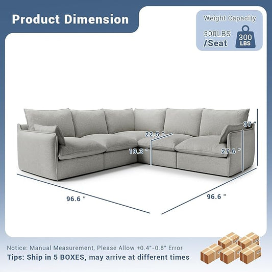 Cloud Modular Sectional Sofa, Waterproof Down Filled Sectional Sofas, High Backrest V Shaped 5 Seater Sectional Couches for Living Room, Modern Modular Couch with Removable Cover, Light Gray