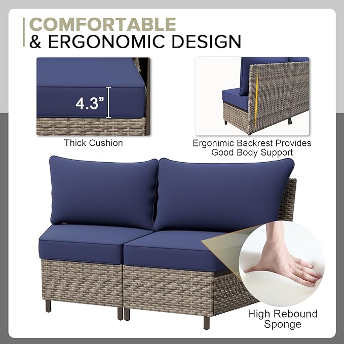 COOS BAY Aurora Terrace Half-Moon Outdoor Furniture Set, Rattan Conversation Set with Curved 4-Seat Sofa, Coffee Table, Seats 4, Beige/Blue