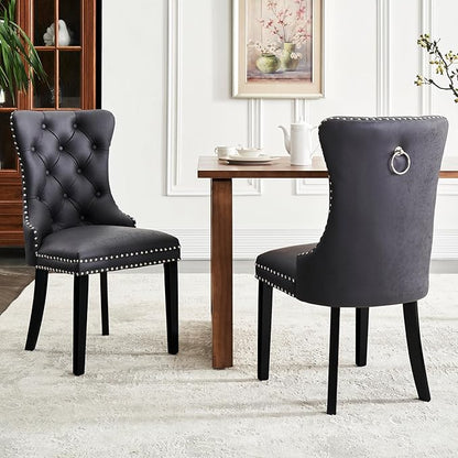 Leather Dining Chair Set of 6, Dining Room Chairs with Nailhead Ring Pull Trim, Upholstered Dining Chairs with Solid Wood Legs for Kitchen Dining Room (Black)