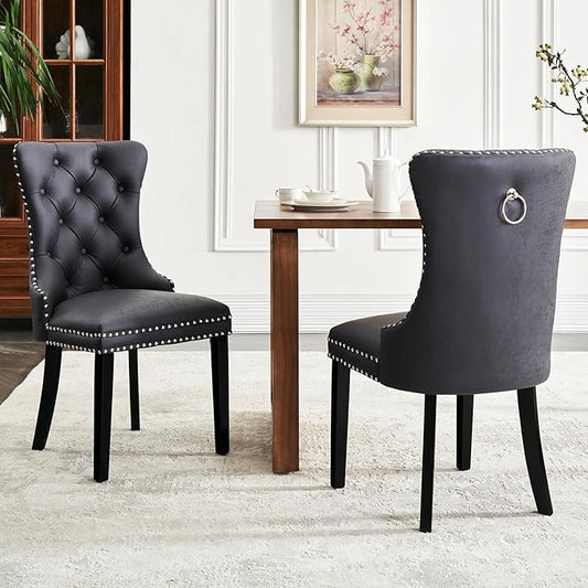 Leather Dining Chair Set of 6, Dining Room Chairs with Nailhead Ring Pull Trim, Upholstered Dining Chairs with Solid Wood Legs for Kitchen Dining Room (Black)