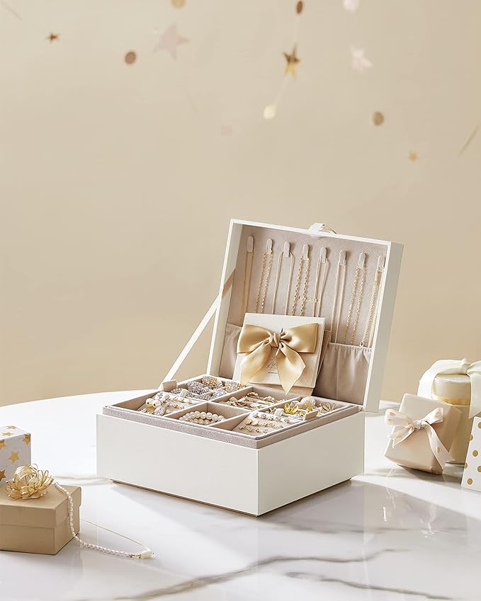 SONGMICS 2-Layer Jewelry Box, Jewelry Organizer with Handle, Removable Jewelry Tray, Jewelry Storage, Floating Effect, 8.1 x 9.4 x 4.3 Inches, Christmas Gift, White UJBC165W01
