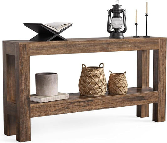 LITTLE TREE 63-Inch Wood Entryway Table, Long Farmhouse Narrow Console Table for Living Room, Hallway, Sofa, Entry, Entrance, Foyer, Behind Couch with 2-Tier Shelves, Brown