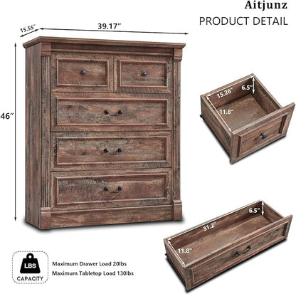 Farmhouse 5 Drawers Dresser for Bedroom, 46" Tall Dressers & Chests of Drawers w/Roman Column, Large Storage Dressers Organizer for Bedroom, Hallway, Living Room, Light Brown