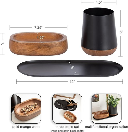 Kate and Laurel Koni Modern Three-Piece Tabletop Organization Set, 12 x 6 x 5, Walnut Brown and Black, Wood and Metal Organizational Set for Home Office or Entryway Decor
