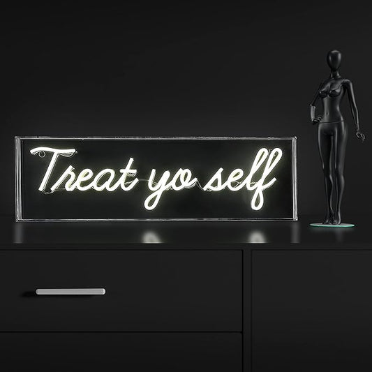 JONATHAN Y NEN1008A Treat Yo Self 20" Contemporary Glam Acrylic Box USB Operated LED Neon Light, Yellow Plug in Wall Light for Bedroom Wall Décor, Kids Bedroom, Party Supplier