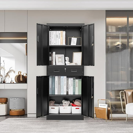 Metal Storage Cabinet, 71 Inch Tall Metal Storage Cabinet with Doors and Shelves, Pantry Cabinets with Drawer for Kitchen Storage, Garage Cabinet for Living, Dining Room, Assemble Required.