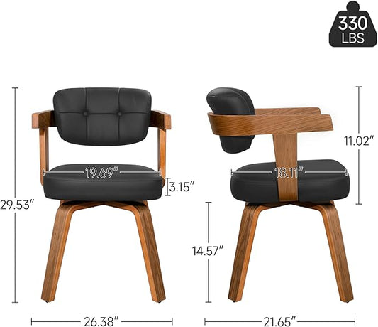 Art Leon Mid Century Dining Chairs - Set of 2 Faux Leather Upholstered Dining Chairs, Modern Swivel Dining Room Chairs Comfy Desk Chair No Wheels Accent Arm Chair for Kitchen Living Room Study, Black