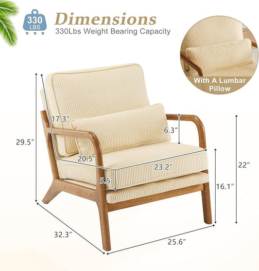 VINGLI Upgraded Premium Corduroy Accent Chair,Upholstered Arm Chair,Solid Wood Comfy Reading Chair with Lumbar Pillow, Mid Century Modern Chairs for Living Room,Bedroom,Guest Room,Dark Beige