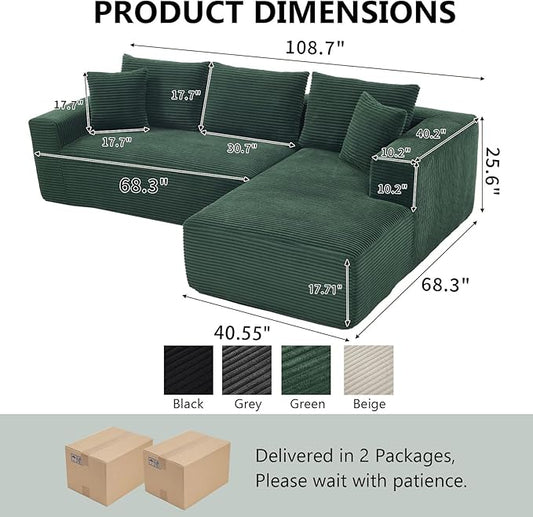 PELUMY 108.7" L-Shaped Modular Sectional Sofa with Oversized Chaise, Cloud Couch with Memory Foam, No Assembly Required Sleeper Sofa for Small Space Living Room, Apartment (Green, Corduroy)