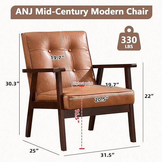 ANJ Mid Century Modern Accent Chair Set of 2 for Living Room, Tufted Faux Leather Armchair, Comfy Retro Bedroom Side Chair with Dark Wood Frame, Orange Brown