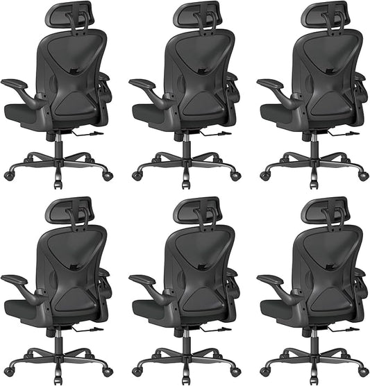 ZZH Ergonomic Office Chair Set of 6 with Adjustable Lumbar Support and Headrest, Mesh Home Office Desk Chair with Wheels and Flip-up Arms, Black