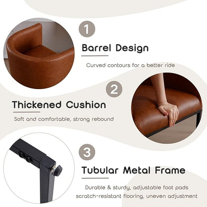 PU Leather Bar Stools Set of 2, Modern Upholstered Counter Height Bar stools 24" Leather Barstools Barrel Kitchen Counter Island Stools with Black Metal Base, Brown