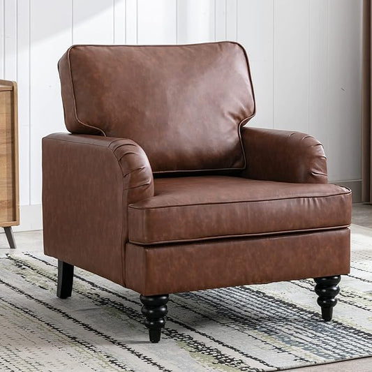 PU Leather Upholstered Accent Chair Modern Single Sofa Chair with Thick Removable Back Cushion and Black Printed Legs Armchair for Living Room/Bedroom/Reading Room, Brown