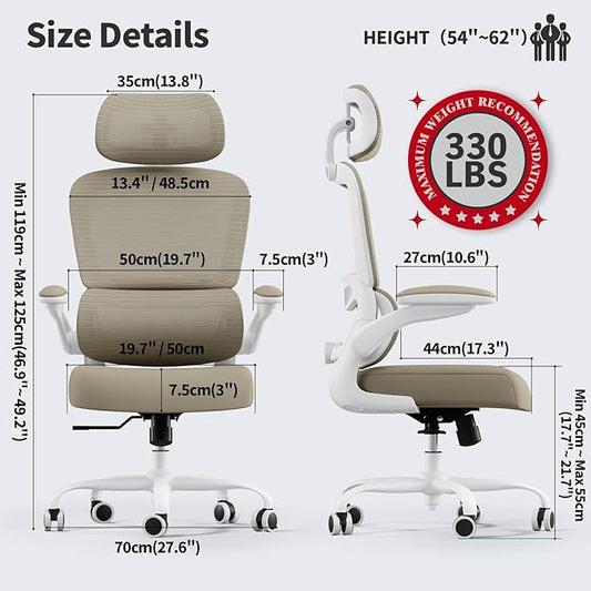 TRALT Office Chair Ergonomic Desk Chair, 330 LBS Home Mesh Office Desk Chairs with Wheels, Comfortable Gaming Chair, High Back Office Chair for Long Hours (Khaki)