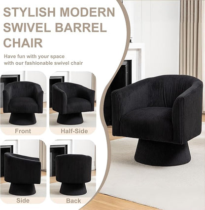 Swivel Accent Chair Set of 2, Modern 360° Swivel Barrel Chair, Corduroy Upholstered Single Sofa for Living Room, Bedroom(Black)