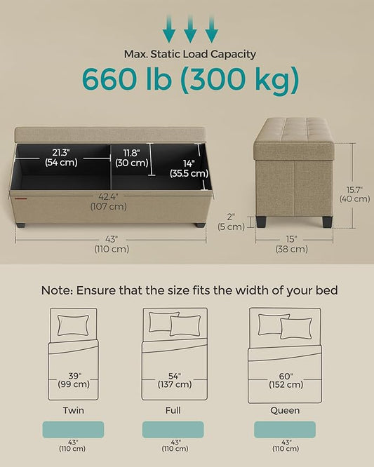 SONGMICS Storage Ottoman Bench, Foldable Foot Rest with Legs, 15 x 43 x 15.7 Inches, End of Bed Bench, Storage Chest, Load up to 660 lb, for Living Room, Bedroom, Entryway, Camel Brown ULSF018K01