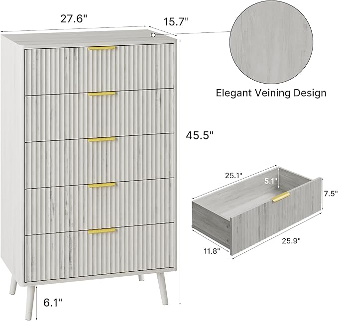LYNSOM Fluted Dresser and Nightstand Sets 2 Piece, 2-Drawer Nightstands and 5-Drawers Dresser, Wood Bedroom Furniture Set for Home, Bedroom, Hallway, White