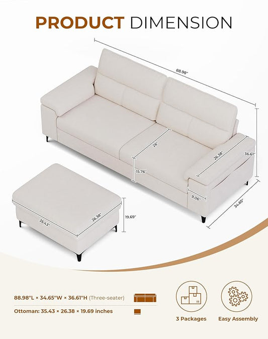 88.97" L Shaped Sectional Couches for Living Room, Deep Seat Sofa with Big Storage Ottoman & 8”Cushion, Comfy 2-Seater Chenille Loveseat, Convertible Armrest, Removable Cover for Small Space(Beige)