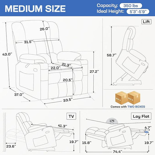 Tami Tami Dual Motor Power Lift Chair Recliner for Elderly with Massage and Heat, Infinite Position Electric Lift Recliner with Adjustable Headrest, USB (T6015 - Plush Fabric, Medium, Dark Gray)