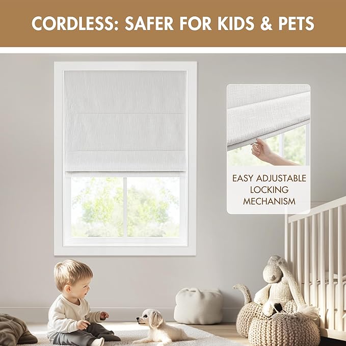 Madison Park Cordless Roman Shades, Total Blackout Window Blind Privacy Window Shades, Thermal Insulated Cordless Window Treatment for Bedroom, Living Room, Quincy, Single Panel 27" W X 64" H White