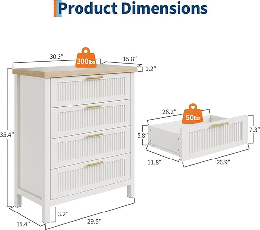 GarveeHome Fluted 4 Drawers Dresser for Bedroom, 35.4 in Tall Chest of Dressers for Closet, 4 Fluted Drawers with Metal Handle, Large Clothes Storage Cabinet for Bedroom, Nursery, Living Room, White